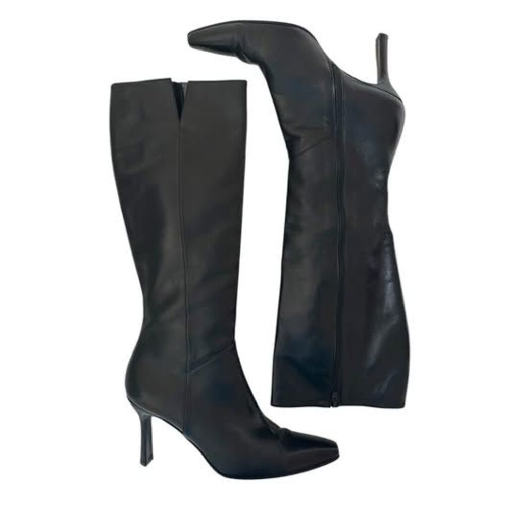 Stuart Weitzman Pointed Box Tip Black Leather Calf Boots 90s Y2K Women’s Size 9